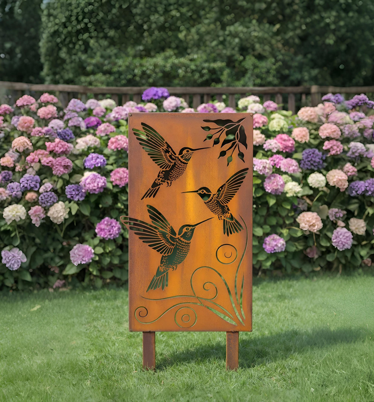 Hummingbird Garden Metal Panel – Rustic Bird Yard Art Stake, Gift For Bird Lover
