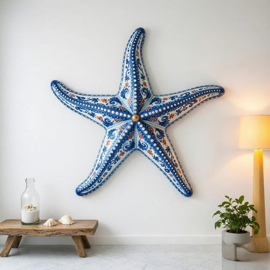 Blue Floral Starfish Metal Wall Art – Nautical Coastal Sign, Gift For Ocean Lover