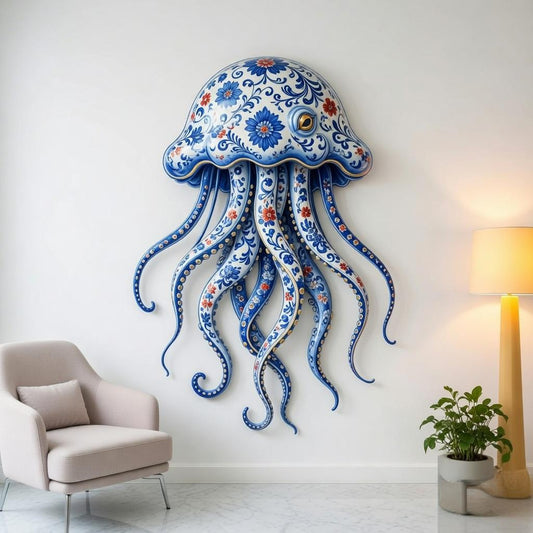 Blue Floral Jellyfish Metal Wall Art – Nautical Coastal Sign, Gift For Ocean Lover