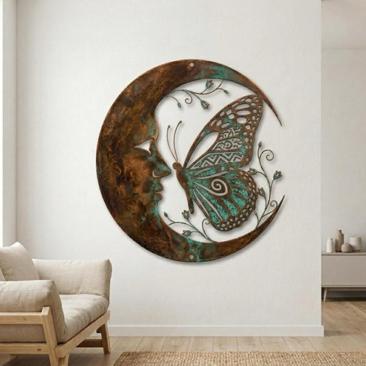 Crescent Moon & Butterfly Metal Wall Art – Celestial Patina Wall Decor, Gift For Moon Goddess Lovers