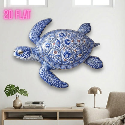 Blue Floral Sea Turtle Metal Wall Art – Nautical Ceramic-style Decor, Gift For Beach House Or Ocean Lover