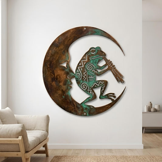 Kokopelli Frog On Crescent Moon Metal Wall Art – Celestial Tribal Sign, Gift For Garden Lover