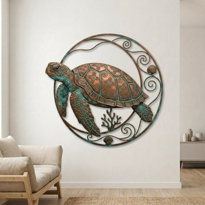 Sea Turtle Round Metal Wall Art – Copper Patina Ocean Coral Decor, Gift For Beach House Or Nautical Home