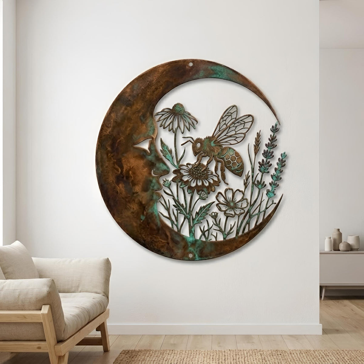 Crescent Moon Bee Metal Wall Art – Copper Verdigris Wildflower Decor, Gift For Bee Lover