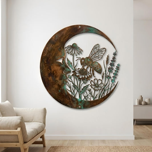 Crescent Moon Bee Metal Wall Art – Copper Verdigris Wildflower Decor, Gift For Bee Lover