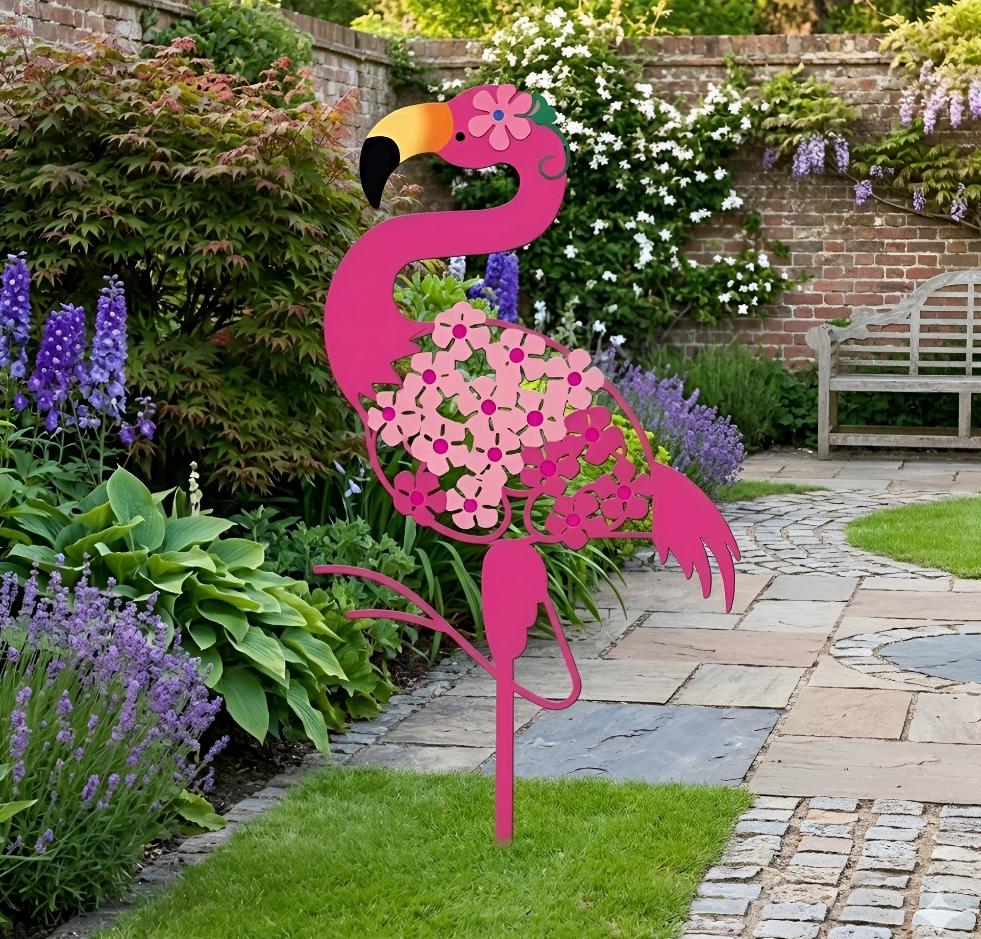 Floral Pink Flamingo Garden Stake – Metal Yard Art, Gift For Flamingo Lover