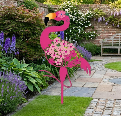 Floral Pink Flamingo Garden Stake – Metal Yard Art, Gift For Flamingo Lover