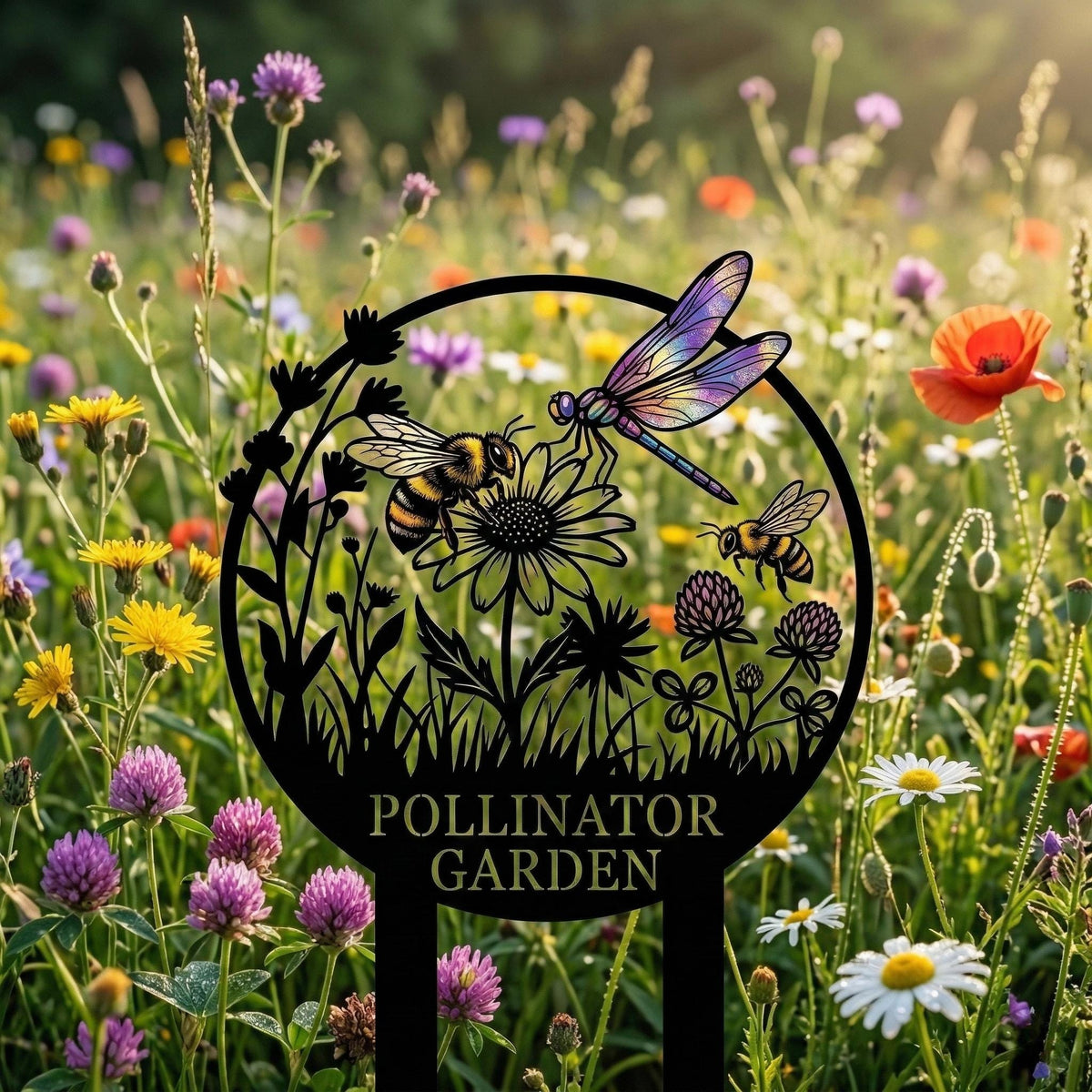 Pollinator Garden Metal Stake Sign – Bee & Dragonfly Wildflower Yard Decor, Gift For Gardener