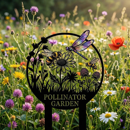 Pollinator Garden Metal Stake Sign – Bee & Dragonfly Wildflower Yard Decor, Gift For Gardener