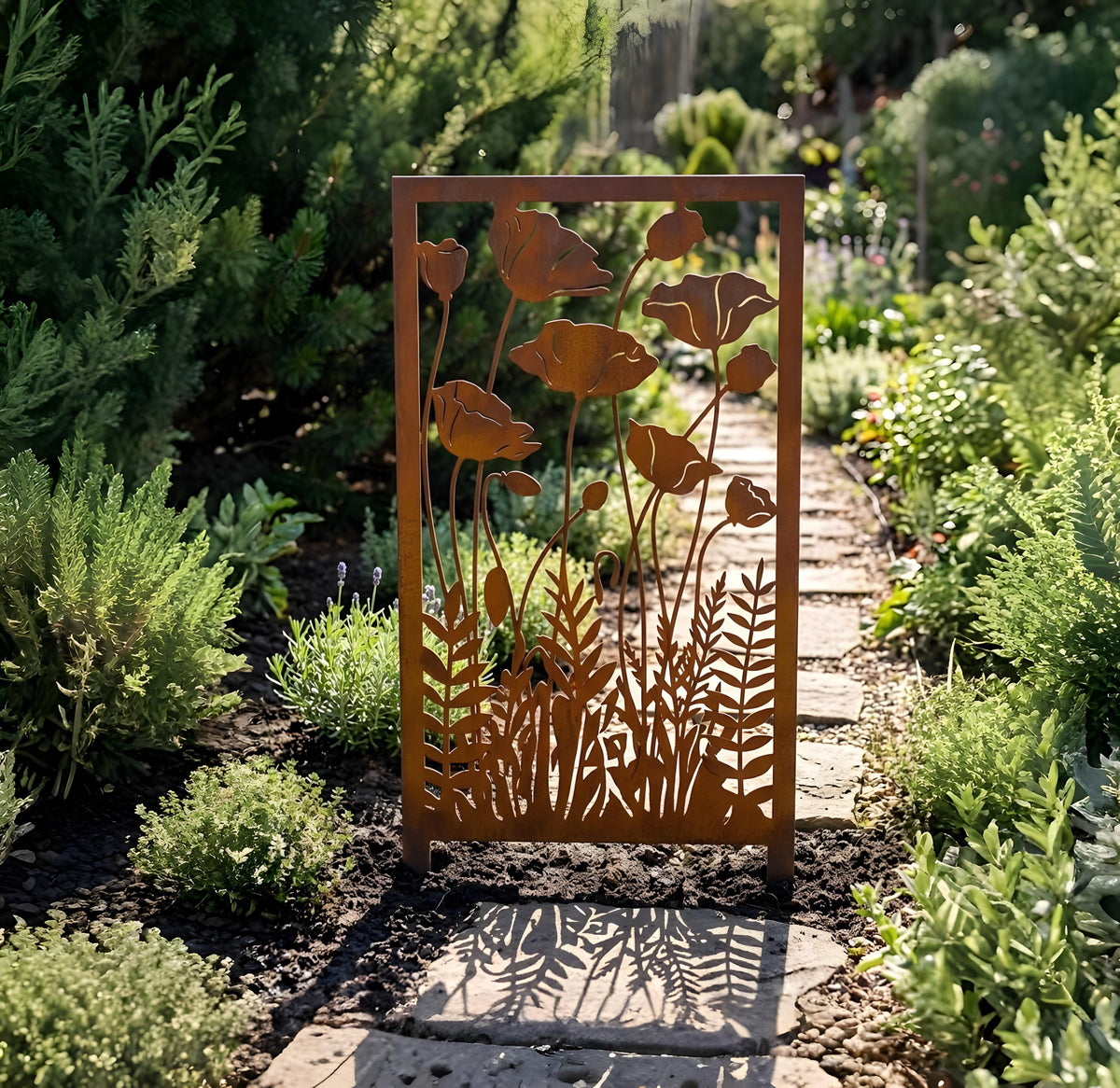 Poppy Flower Metal Garden Panel – Rustic Floral Privacy Screen, Gift For Garden Lover