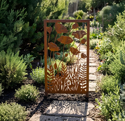 Poppy Flower Metal Garden Panel – Rustic Floral Privacy Screen, Gift For Garden Lover