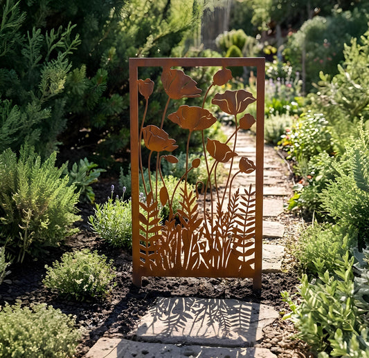Poppy Flower Metal Garden Panel – Rustic Floral Privacy Screen, Gift For Garden Lover