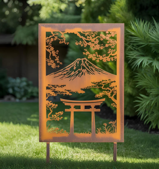Japanese Garden Metal Yard Stake – Mount Fuji Torii Gate Cherry Blossom Panel, Gift For Zen Garden Lovers