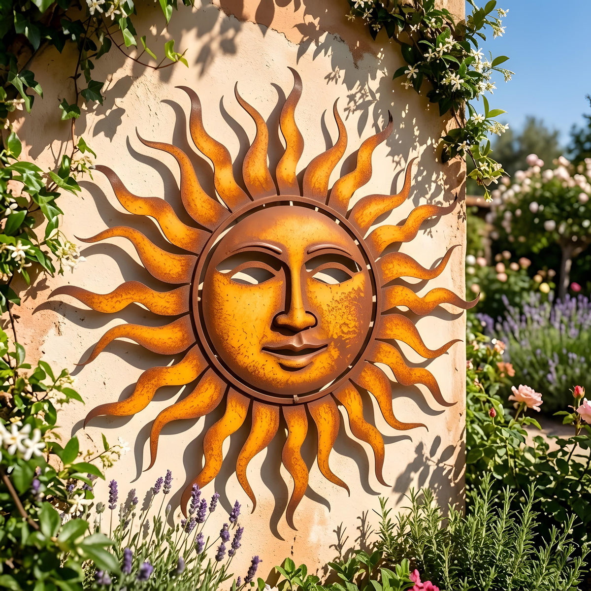 Sun Face Metal Wall Art – Rustic Steel Sunburst Garden Decor, Patio Gift