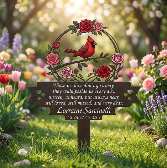 Personalized Cardinal Memorial Garden Stake – Custom Name & Date Rose Sympathy Sign, Gift For Loss Of Loved One