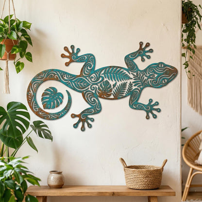 Tribal Gecko Metal Wall Art – Tropical Leaf Lizard Sign, Gift For Reptile Lover