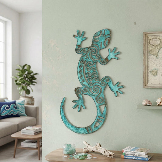 Gecko Metal Wall Art – Turquoise Patina Southwestern Lizard Decor, Gift For Reptile Lover Or Garden Wall