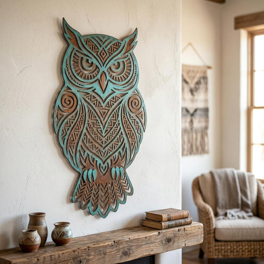 Tribal Pattern Owl Metal Wall Art – Boho Patina Decor, Gift For Living Room Or Garden