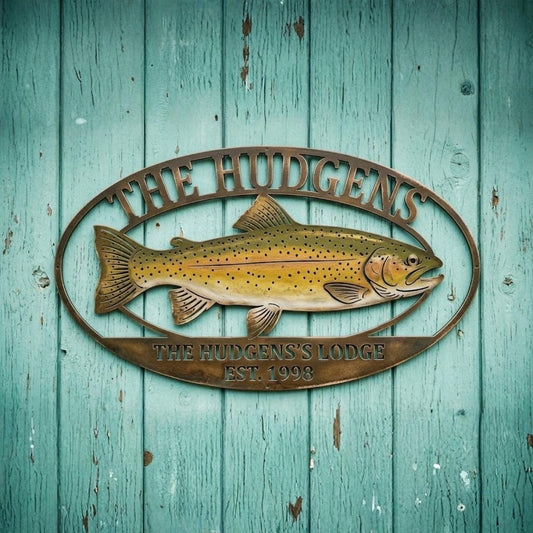 Personalized Trout Metal Sign – Custom Family Name Lake Lodge Decor, Gift For Fisherman