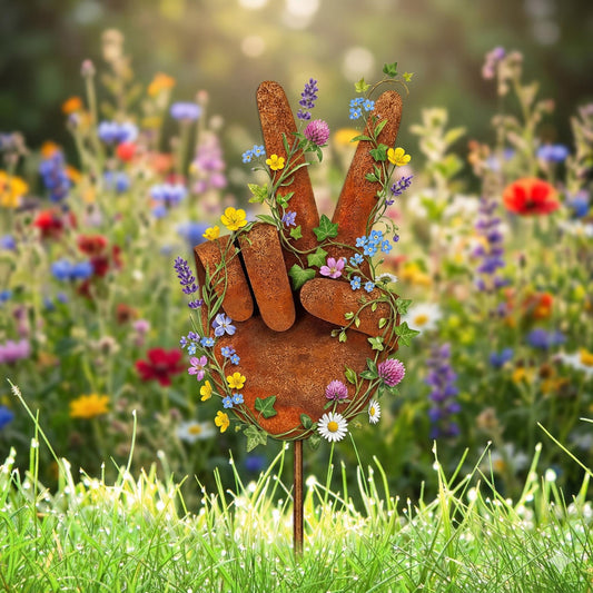 Peace Sign Hand Metal Garden Stake – Rustic Floral Boho Yard Art, Gift For Hippie Garden Or Flower Bed