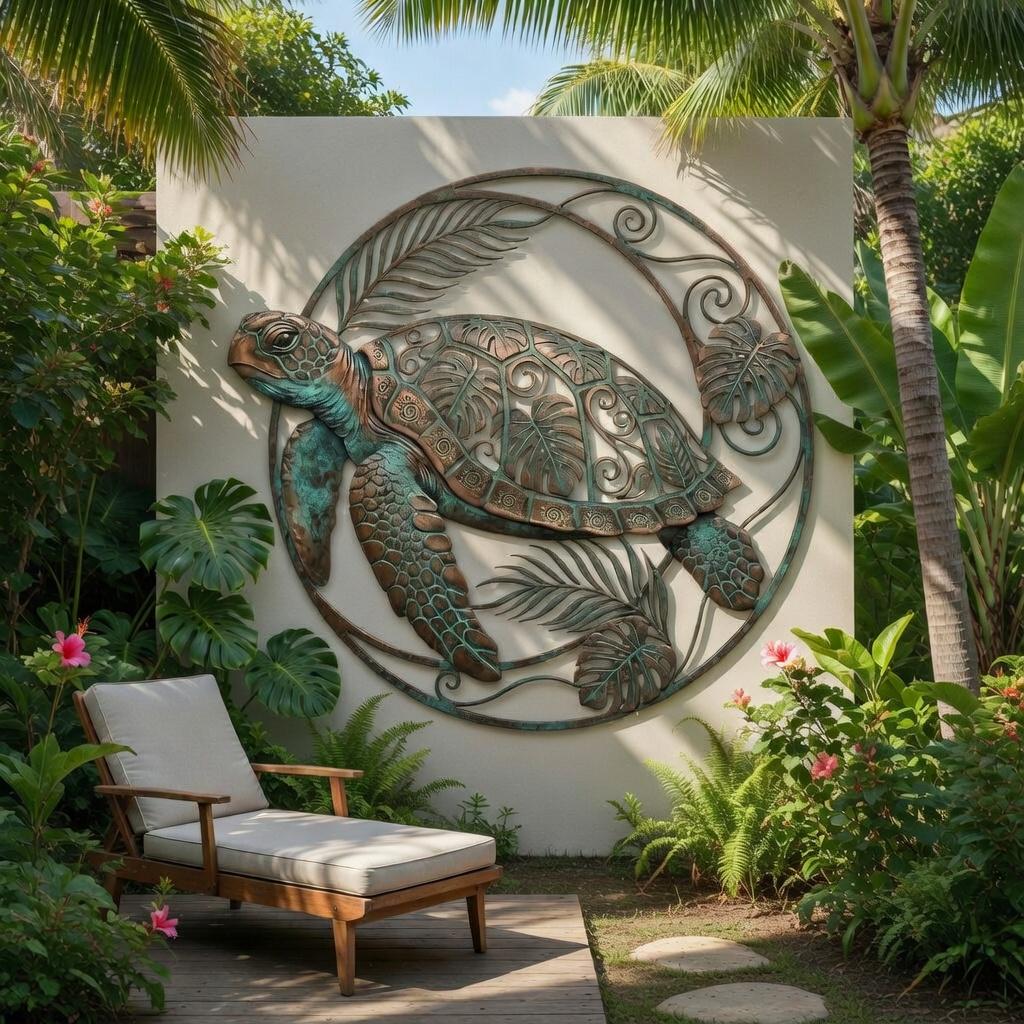 Sea Turtle Metal Wall Art – Round Tropical Coastal Sign, Gift For Beach Lover