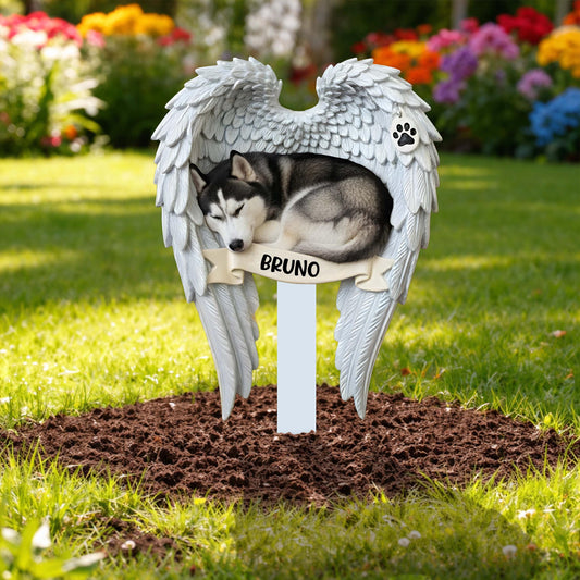 Personalized Husky Memorial Garden Stake – Custom Name Angel Wings Pet Sign, Dog Loss Sympathy Gift