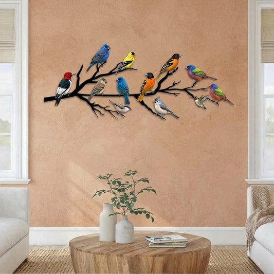 Colorful Birds On Branch Metal Wall Art – Songbird Nature Decor, Gift For Bird Lover Or Living Room Wall