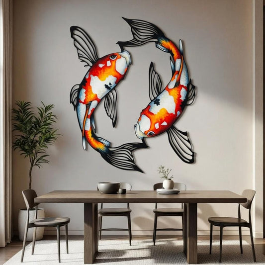 Koi Fish Yin Yang Metal Wall Art – Japanese Zen Circle Sign, Gift For Zen Garden Lover