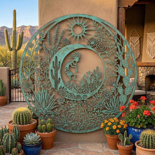 Kokopelli Southwestern Metal Wall Art – Desert Sun And Cactus Round Sign, Gift For Southwest Home