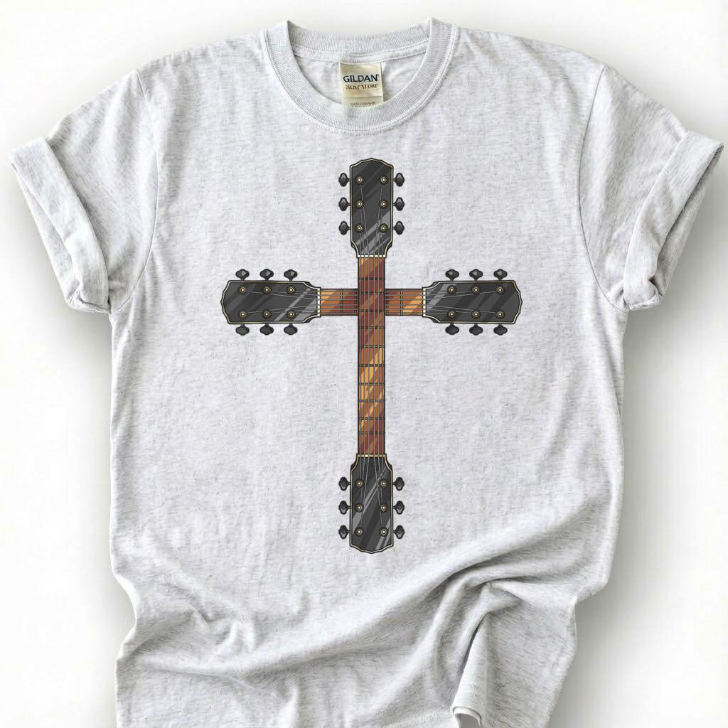 Guitar Neck Cross Shirt, Christian Guitarist T-Shirt, Worship Musician Headstock Faith Tee, Church Band Player Gift, Religious Music Unisex