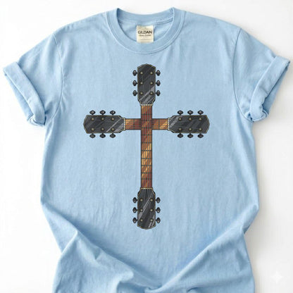Guitar Neck Cross Shirt, Christian Guitarist T-Shirt, Worship Musician Headstock Faith Tee, Church Band Player Gift, Religious Music Unisex