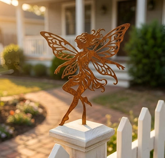 Rusted Fairy Metal Fence Post Topper – Garden Fairy Silhouette Yard Art, Gift For Fantasy Garden Lover