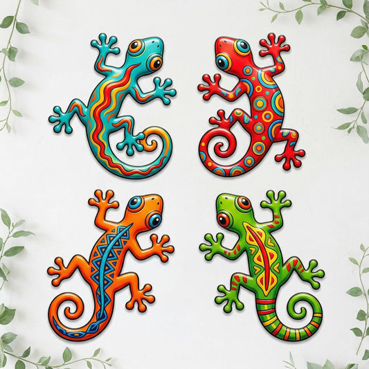 Colorful Tribal Gecko Metal Wall Art Set – Tropical Patio Decor, Gift For Garden Or Reptile Lover