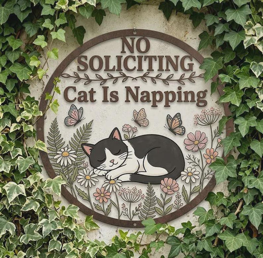 No Soliciting Cat Is Napping Metal Sign – Funny Floral Round Door Plaque, Gift For Cat Lover Or Front Porch