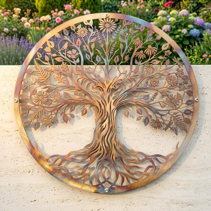 Tree Of Life Metal Wall Art – Round Wildflower And Bird Garden Sculpture, Anniversary Gift For Nature Lovers