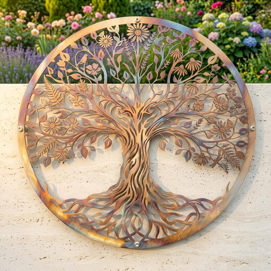 Tree Of Life Metal Wall Art – Round Wildflower And Bird Garden Sculpture, Anniversary Gift For Nature Lovers