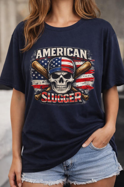 American Slugger Baseball Skull Shirt, T-Shirt | Patriotic USA Flag Vintage Sports Graphic