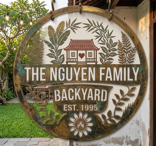Personalized Family Backyard Metal Sign – Custom Last Name And Est Year Round Plaque, Gift For Patio Or Garden Decor
