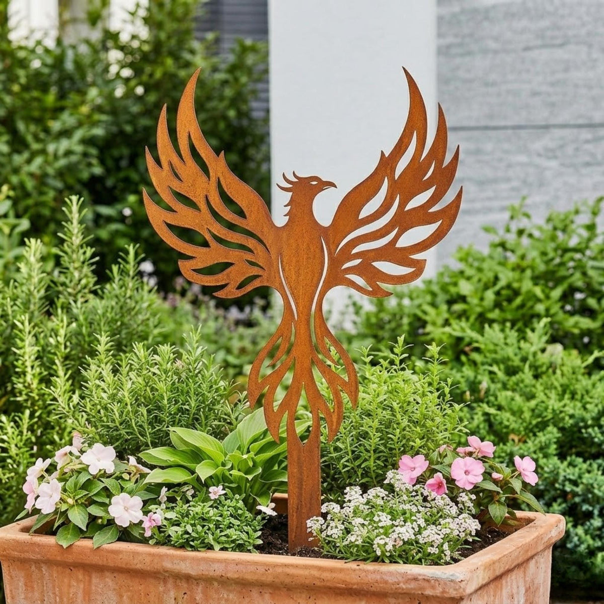 Rusted Phoenix Garden Stake – Mythical Bird Metal Yard Art, Housewarming Gift