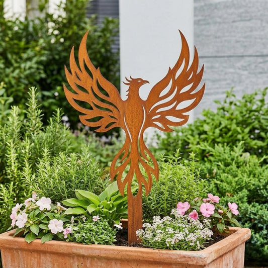 Rusted Phoenix Garden Stake – Mythical Bird Metal Yard Art, Housewarming Gift