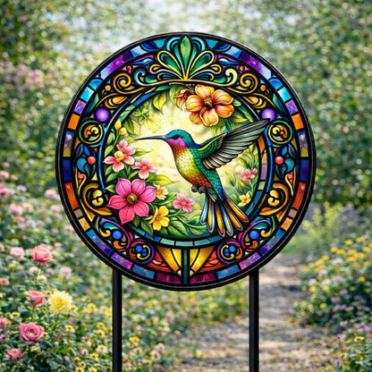 Hummingbird Memorial Garden Stake – Stained Glass Style Sympathy Sign, Gift For Bird Lover