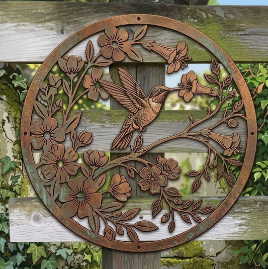 Hummingbird Floral Metal Wall Art – Rustic Patina Circle Garden Decor, Gift For Bird Lover