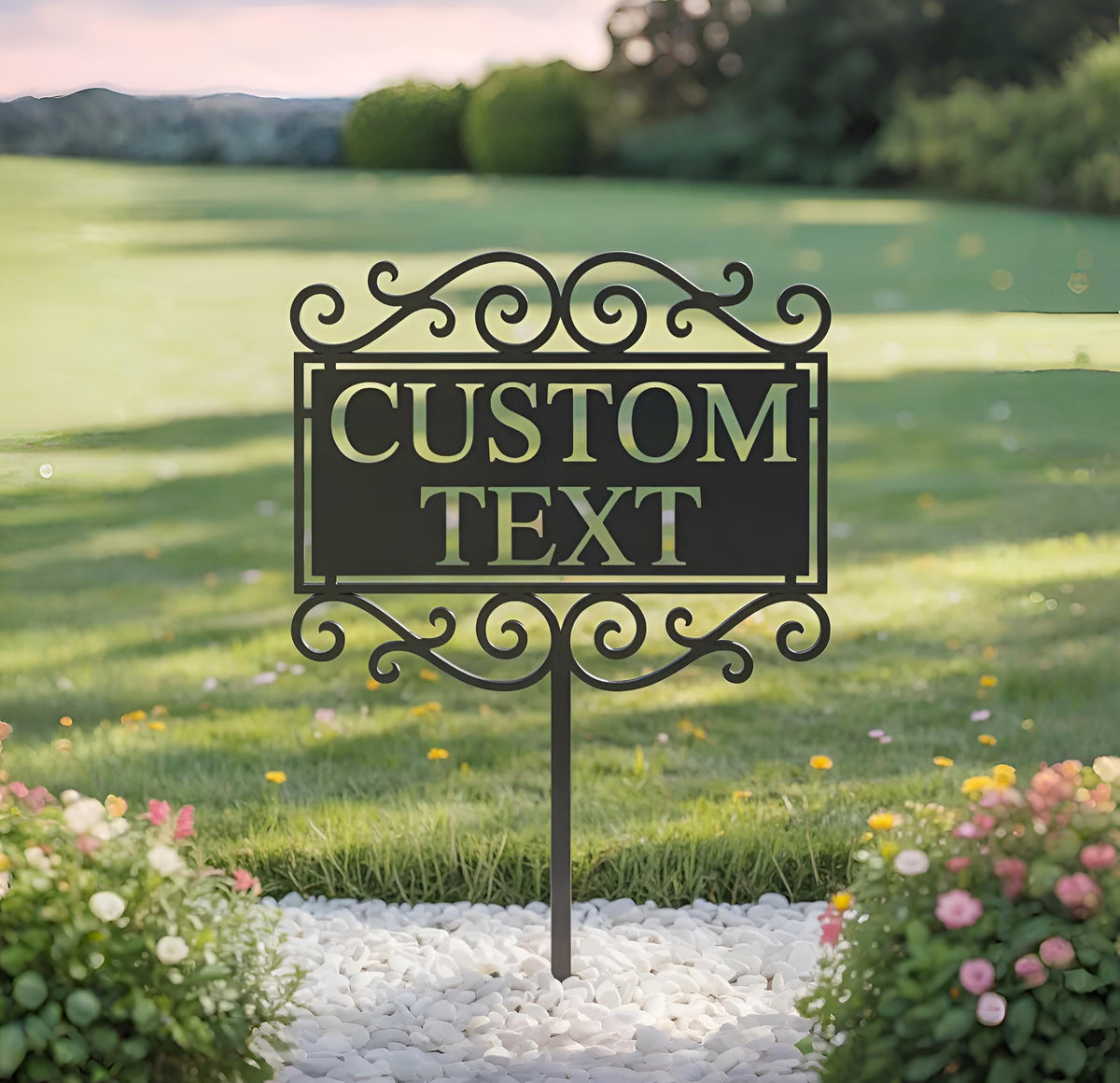 Personalized Garden Yard Stake – Custom Text Ornate Scroll Metal Sign, Housewarming Gift