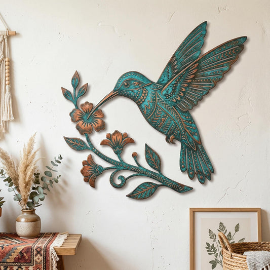 Hummingbird Metal Wall Art – Verdigris Copper Floral Boho Decor, Gift For Bird Lover