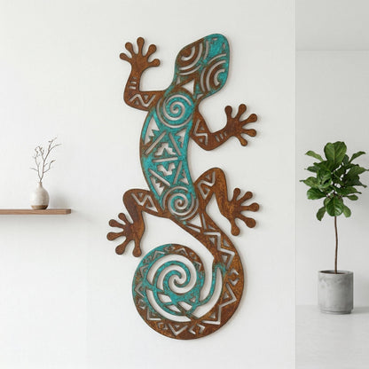 Tribal Gecko Spiral Metal Wall Art – Southwest Lizard Sign, Gift For Desert Decor Lover
