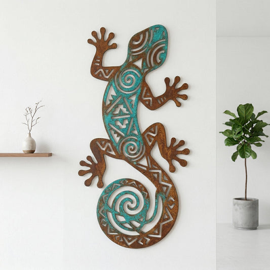 Tribal Gecko Spiral Metal Wall Art – Southwest Lizard Sign, Gift For Desert Decor Lover