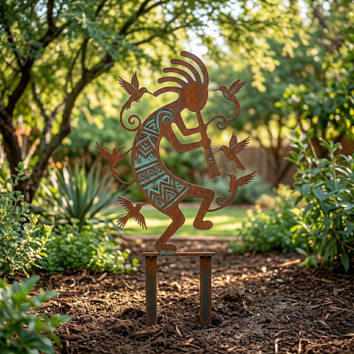 Kokopelli Hummingbird Garden Stake – Southwest Metal Yard Art Sculpture, Gift For Garden Lovers