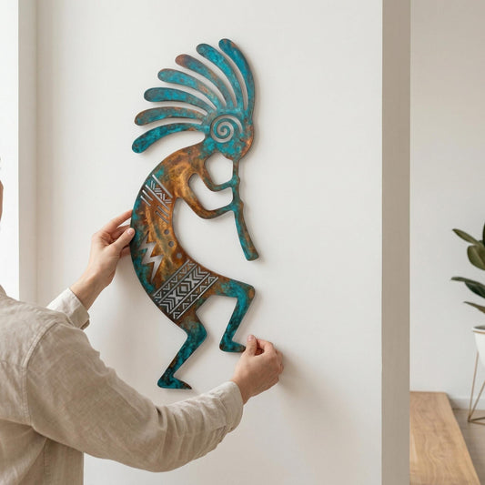 Kokopelli Metal Wall Art – Southwestern Flute Player Verdigris Sign, Gift For Tribal Art Lovers