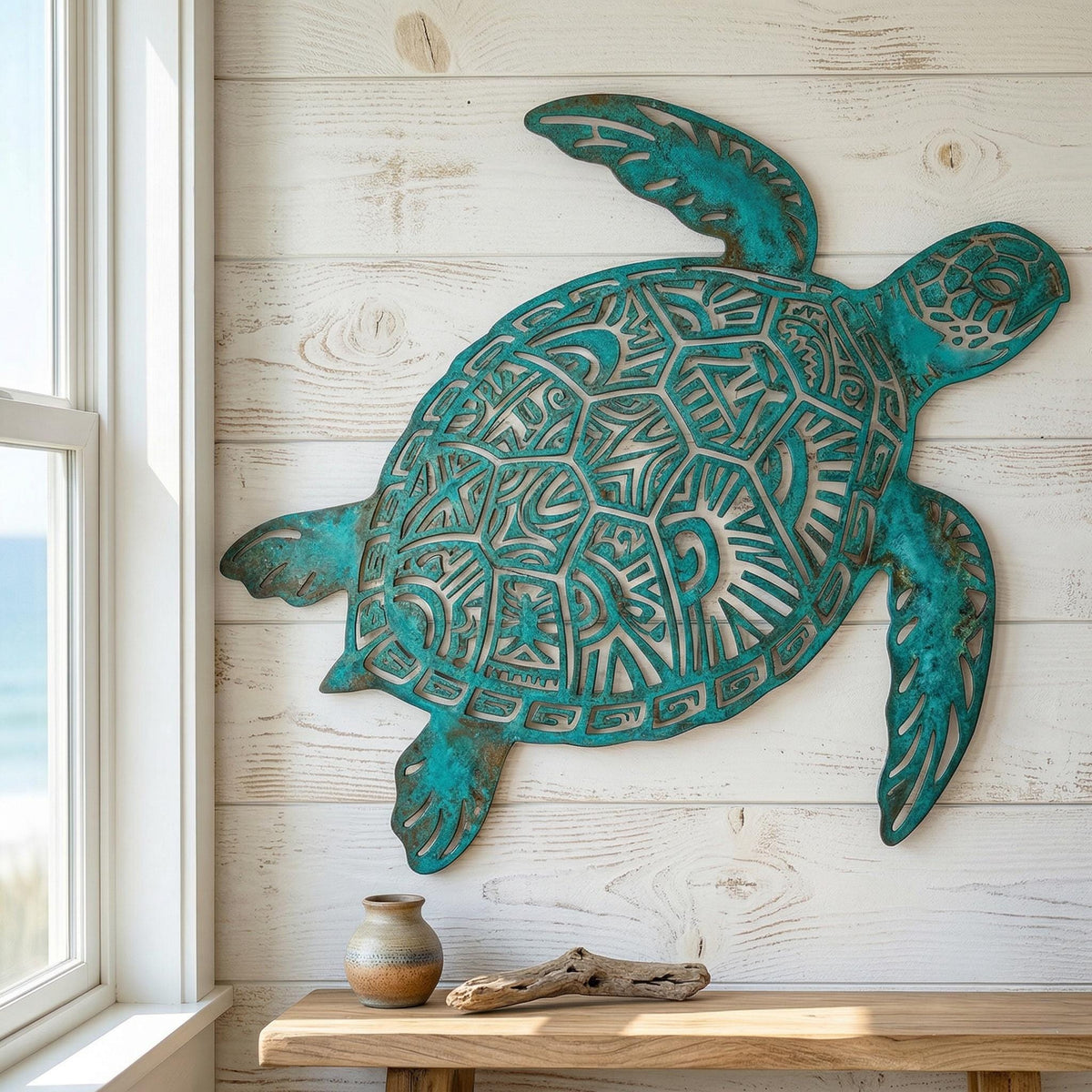 Tribal Sea Turtle Metal Wall Art – Turquoise Coastal Nautical Decor, Gift For Beach House Or Ocean Lover
