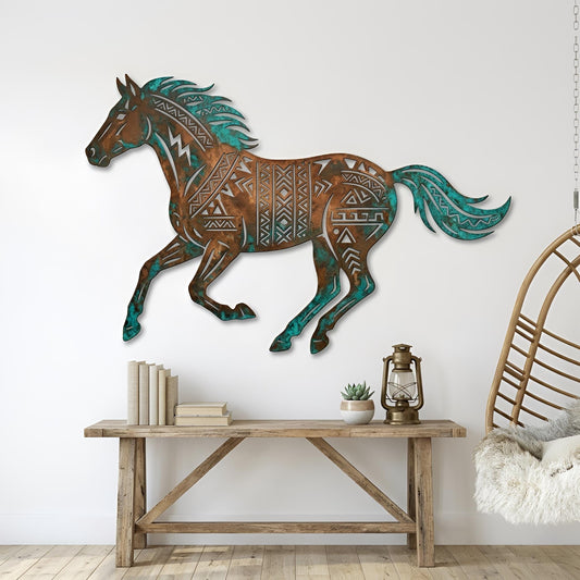 Southwest Tribal Horse Metal Wall Art – Aztec Pattern Running Horse Decor, Gift For Horse Lovers
